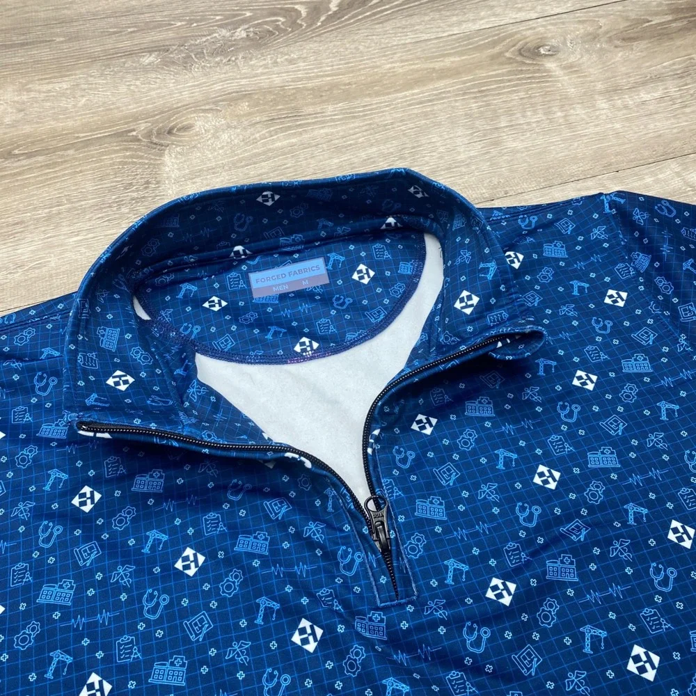 Forged Fabrics 1/4 Zip Pullover Mens M Blue Medical Healthcare Print Scrub Top